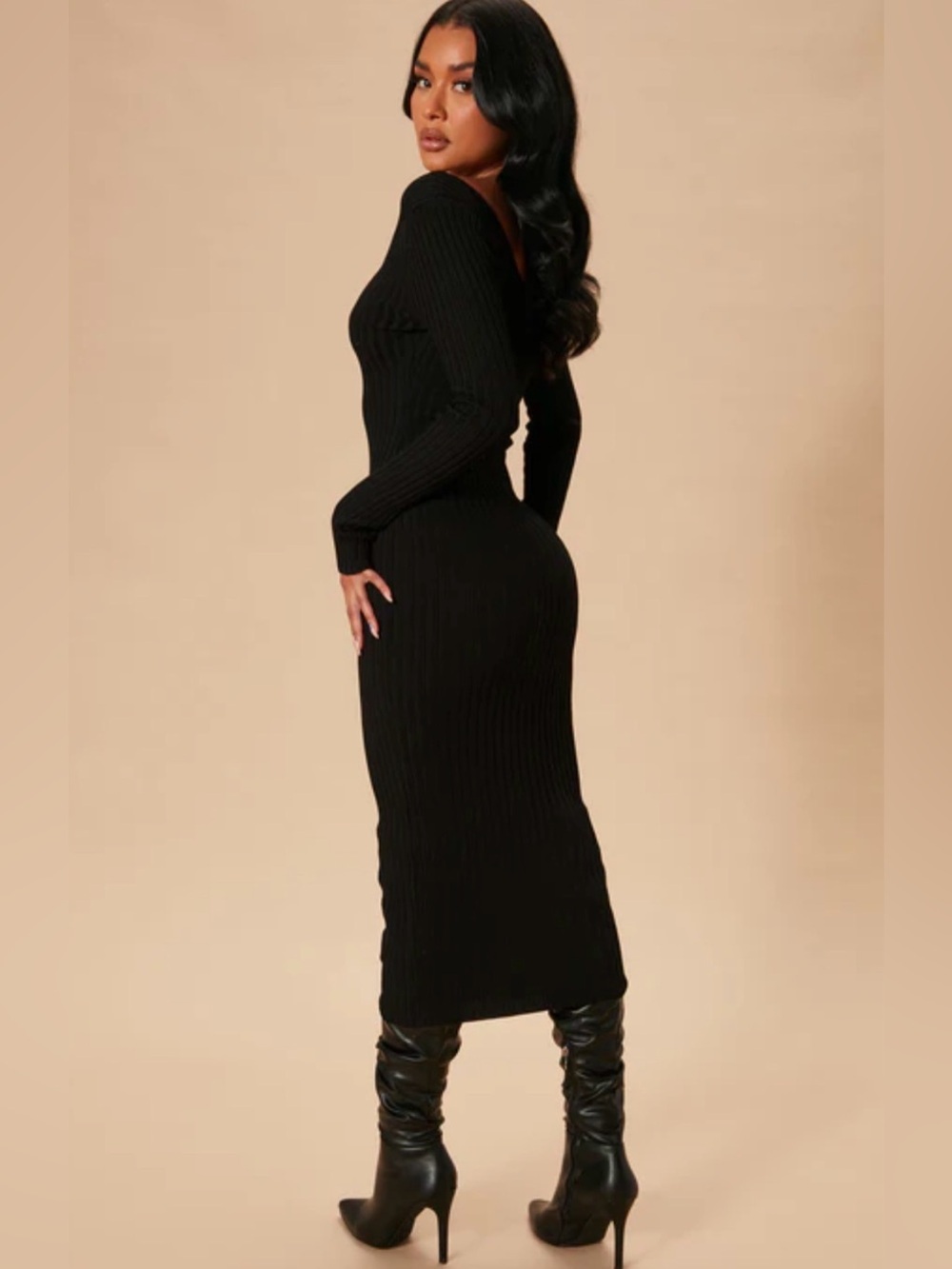 Fashion Nova Black Ribbed Long Sleeve Maxi Dress